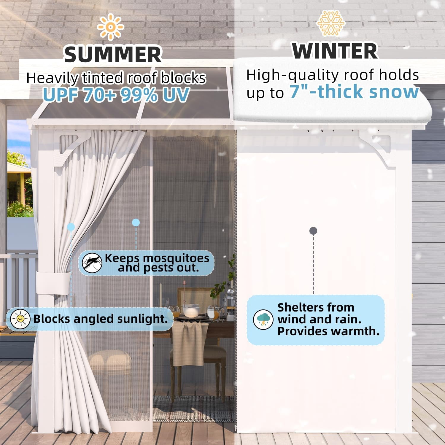 AECOJOY 8' X 8' Outdoor Lean to Gazebo for Patio on Clearance, Small Wall Mounted 8x8 Pergola with Curtains and Netting, Heavy Duty Metal Awnings for Lawn Backyard Garden Deck in White