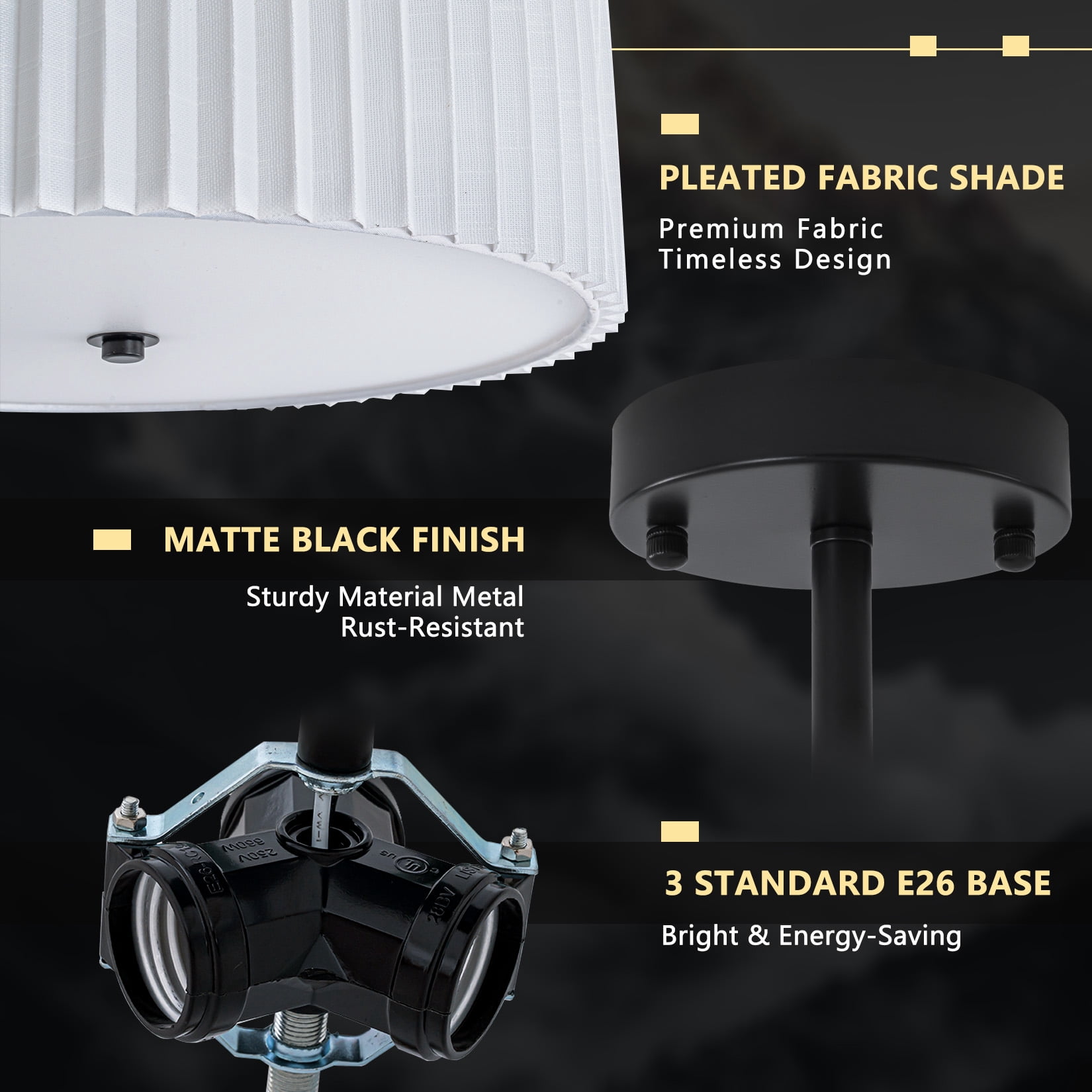 BESTOMINE 16.5 Inch Semi Flush Mount Ceiling Light,3 Light Modern Black Ceiling Light Fixture with Pleated Fabric Shade,Flush Mount Light Fixture for Bedroom,Living Room,Hallway,Dining Room