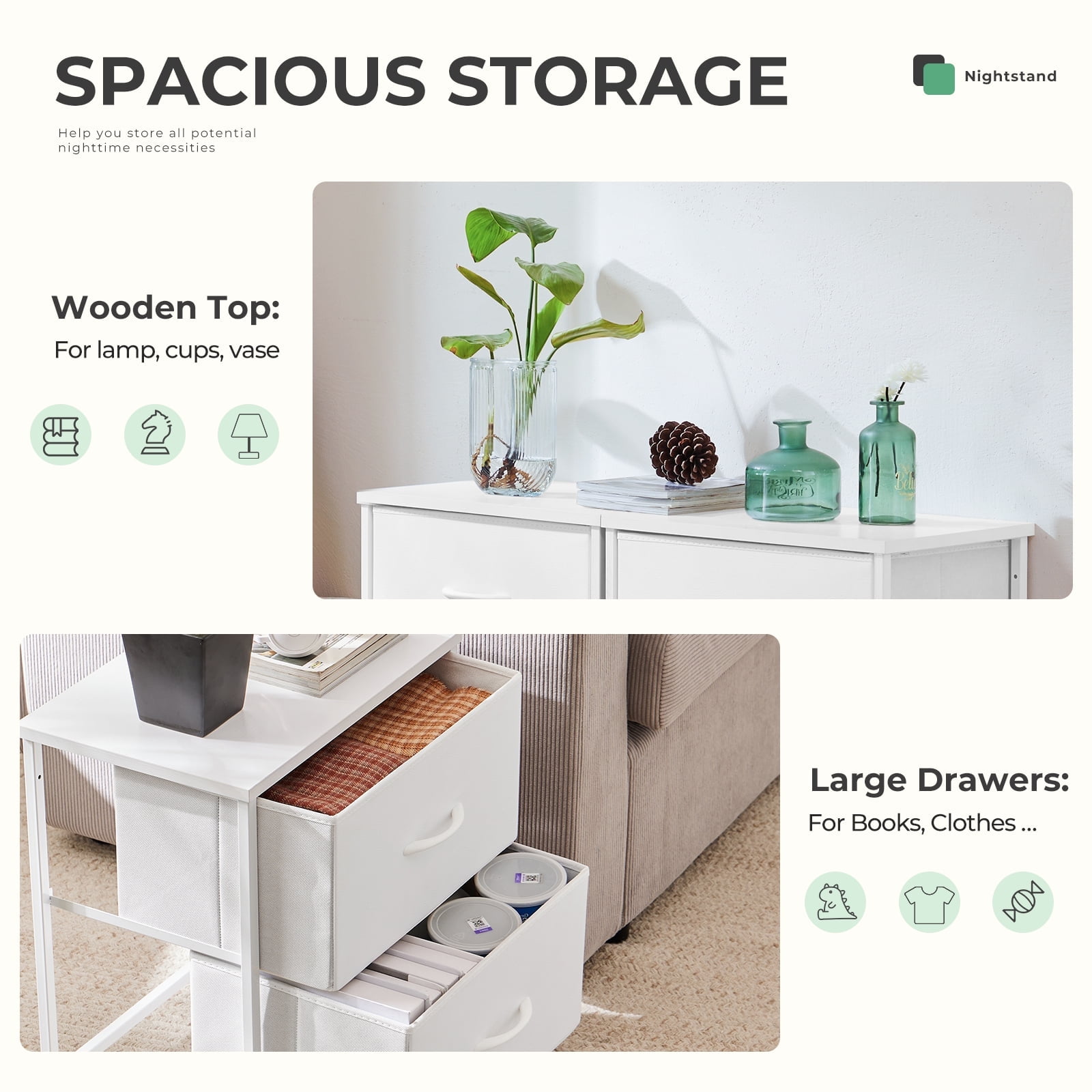 Gianna Nigtstand for Bedroom, Tall Chest Organizer with Fabric Bins, Steel Frame, White