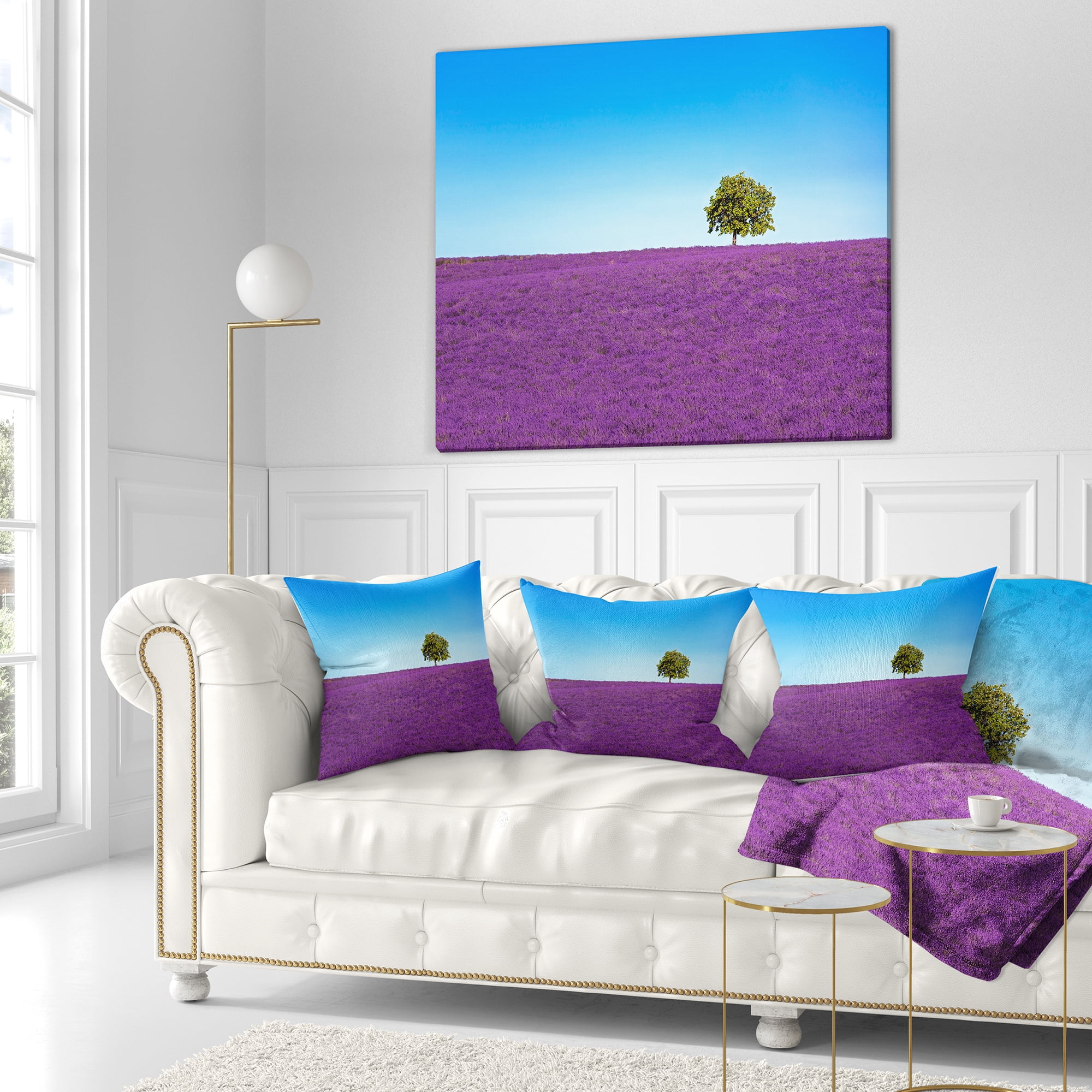 Designart Lonely Tree in Lavender Field - Landscape Wall Throw Pillow - 18x18