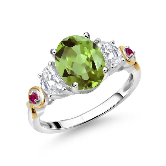 Gem Stone King 925 Silver and 10K Yellow Gold Oval Green Peridot White Moissanite and Red Created Ruby 3-Stone Ring | 2.60 Cttw | Three Stone Wedding Anniversary Promise Ring for Women (Size 6)