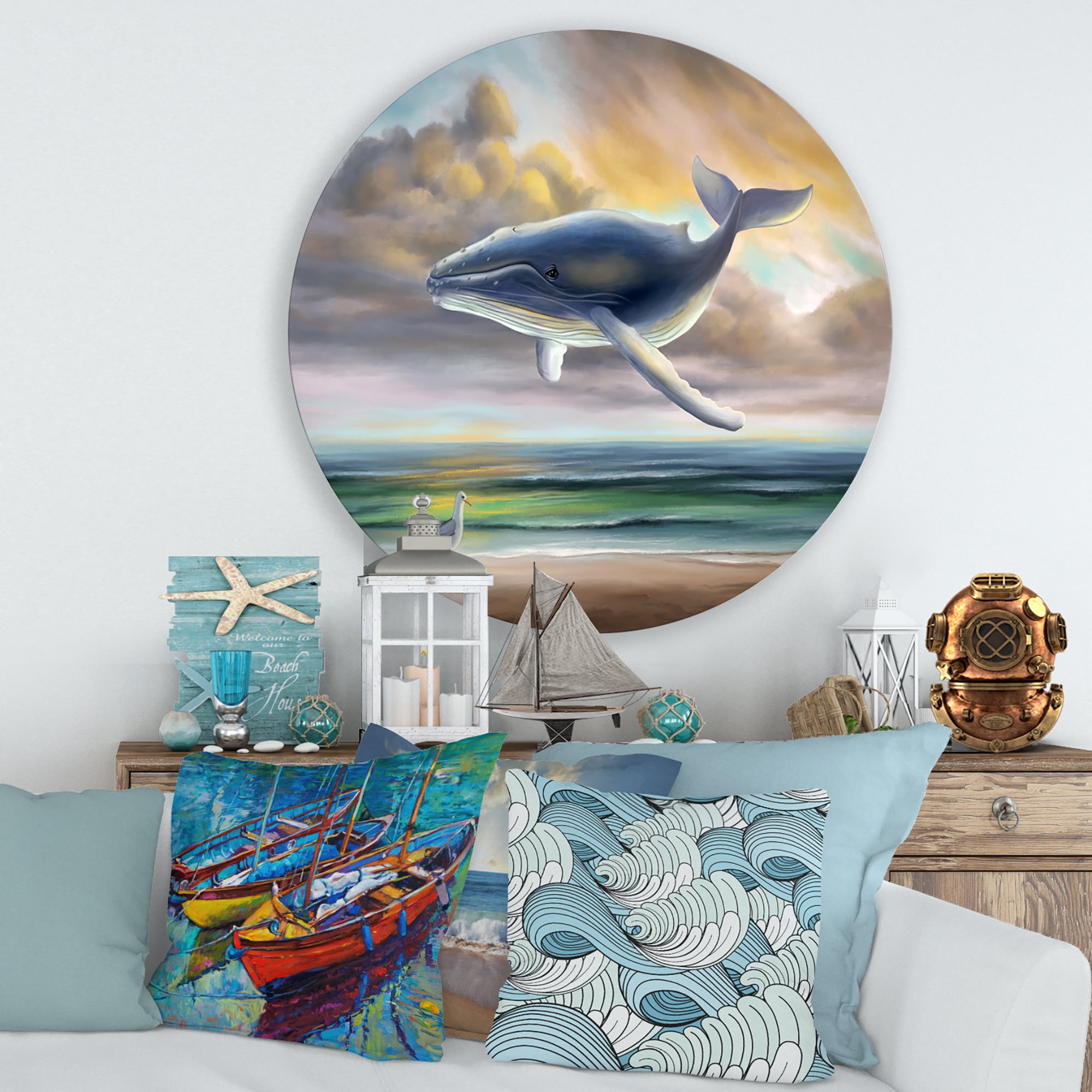 Designart 'Whale Floating In The Sky Over Beach' Children's Art Circle Metal Wall Art 36x36 - Disc of 36