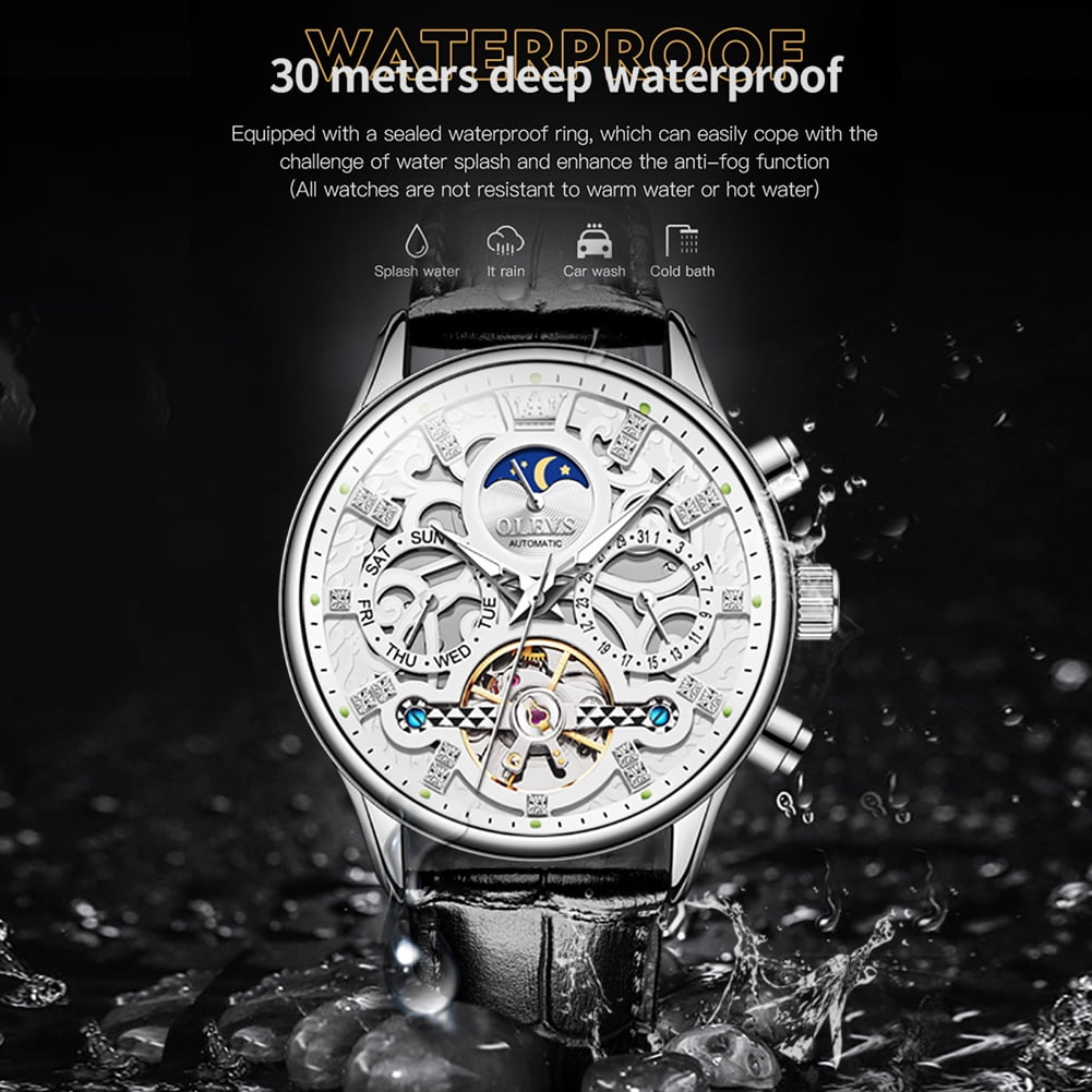 OLEVS Automatic Watches for Men Self Winding Mechanical Chronograph Skeleton Flywheel Luxury Dress Black Brown Leather Diamond Moon Phase Waterproof Luminous Mens Wrist Watches Reloj Para Hombre