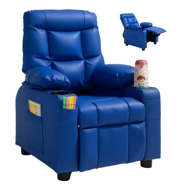 VEVOR Kids Reclining Chair, Toddler Recliner with Cup Holders and Pockets, 107° to 126° Adjustable Backrest, Easy-to-Clean PU Leather Recliner Couch with Footrest,for Boys & Girls,Children (Blue)