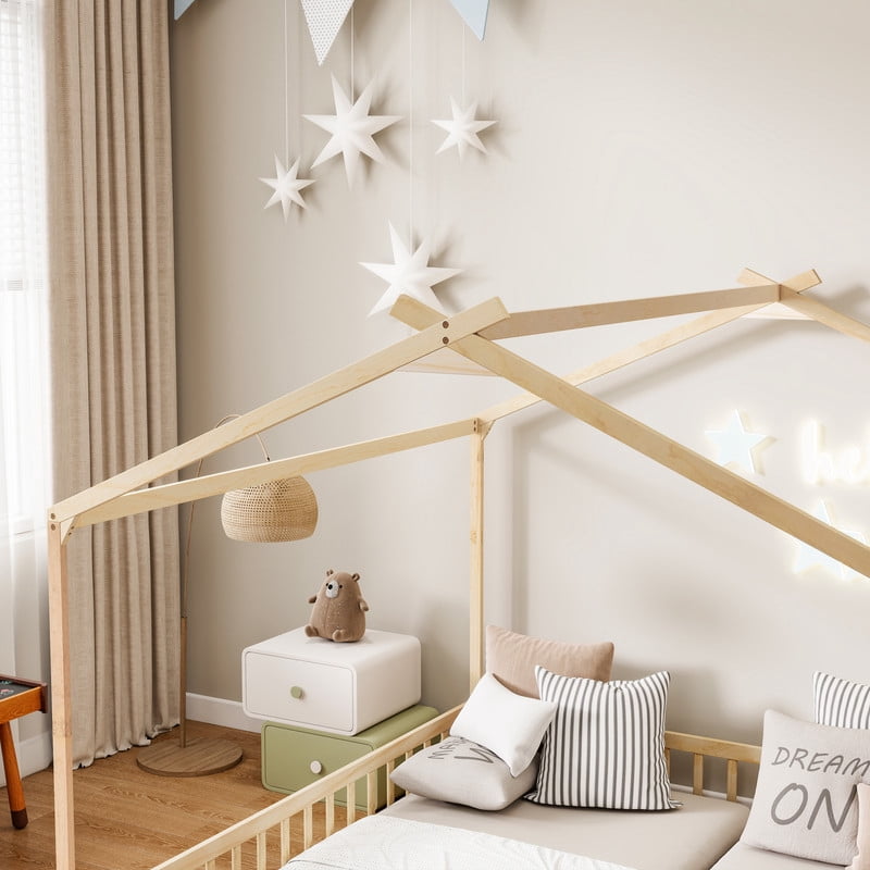 Double Twin Size House-Shaped Canopy Floor Bed with Safety Guardrails, Kids Wooden Low Profile Bed Frame with Open Roof Design