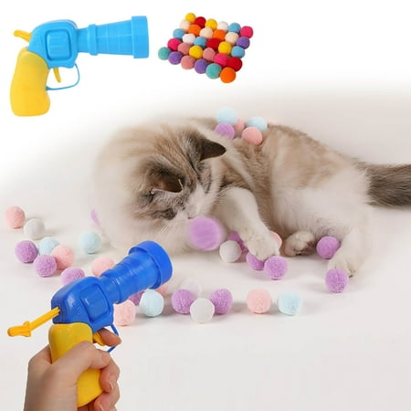 31Pcs Cat Ball Toy Launcher Gun, Cat Balls Fetch Toy, 30Pcs Plush Fuzzy Balls Launcher Cat Toy for Cats with 1 Gun, Funny Interactive Cat Toys for Bored Indoor Adult Cats, Cute Kitten Kitty Toys