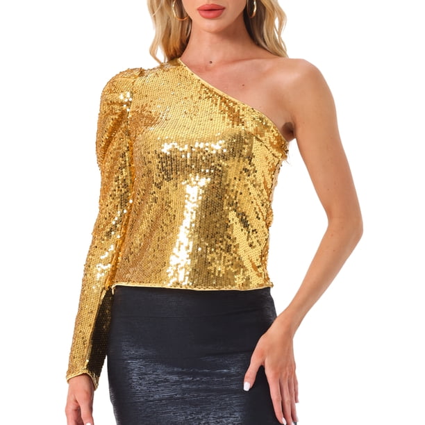 INSPIRAR CHIC Blusa de Mujer con Lentejuelas de Un Hombro, Manga Abullonada, para Fiesta de Cóctel, Brillante y Reluciente, Color Dorado