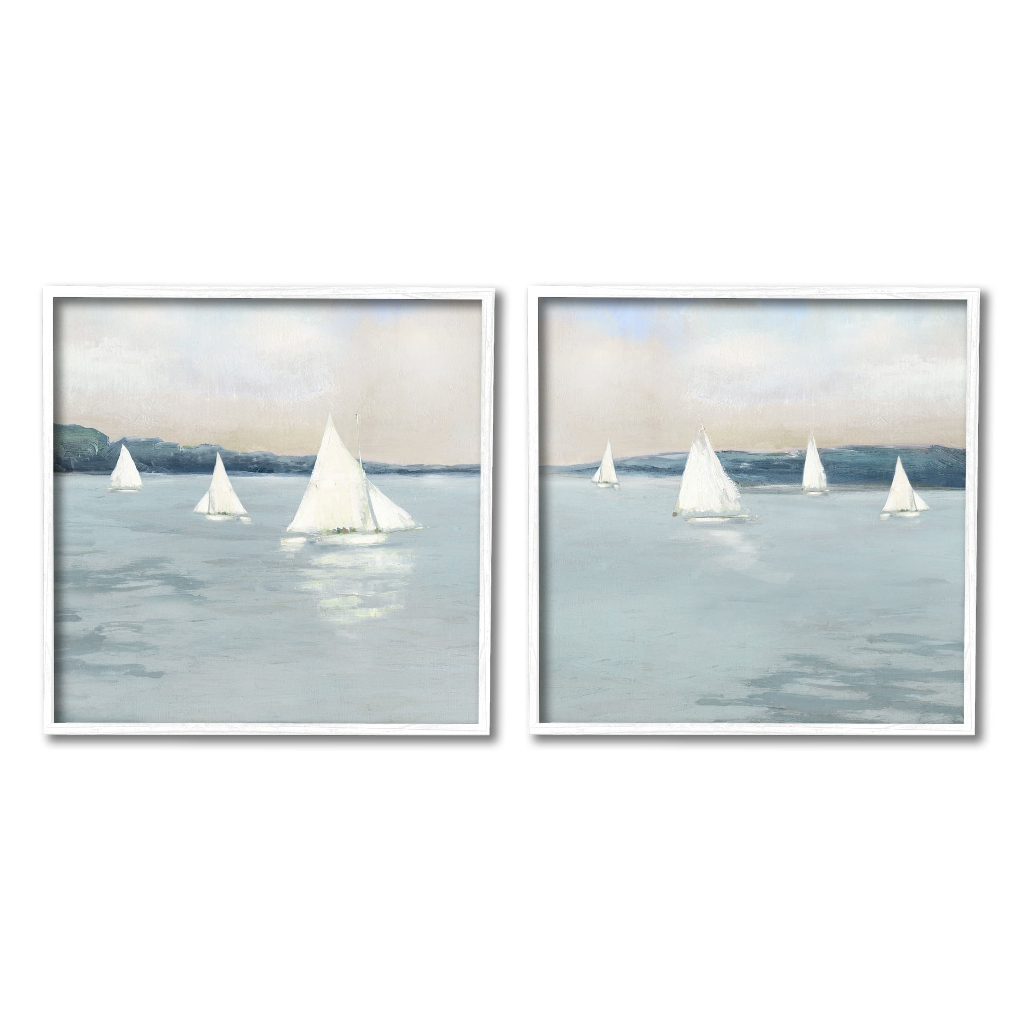 Stupell Industries Sailboats Grey Nautical Ocean View Coastal Painting White Framed Art Print Wall Art, Set of 2