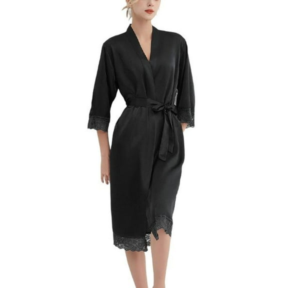 SWSMCLT Women's Comfy Bathrobe Elbow Sleeve Knee Length Fall Home Satin Lace Bathrobes Curvy Bath Robe Cool Black Small
