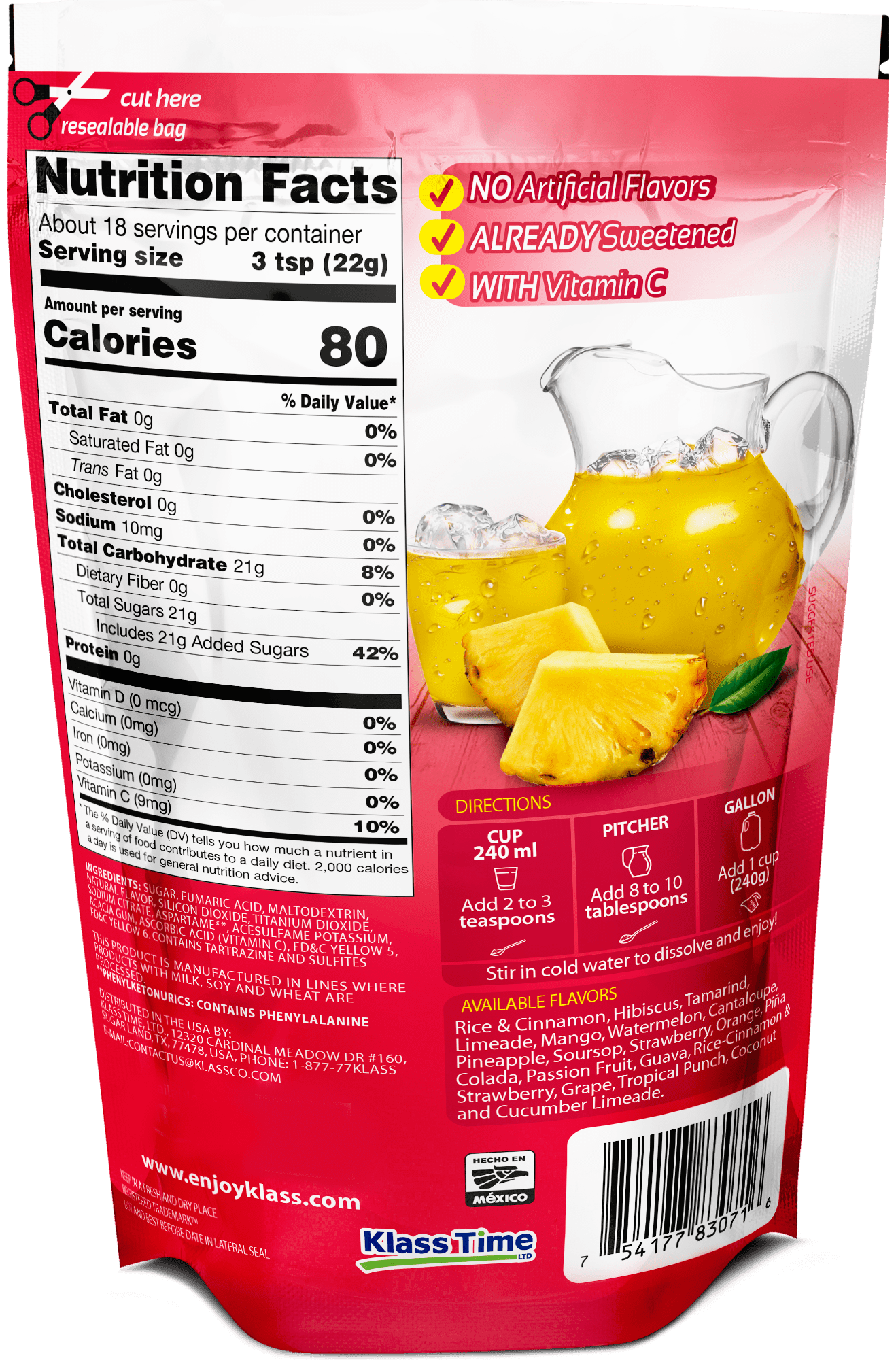 (3 pack) Klass Aguas Frescas Pineapple, with Vitamin C, Multiserve, Powdered Drink Mix, 14.1oz