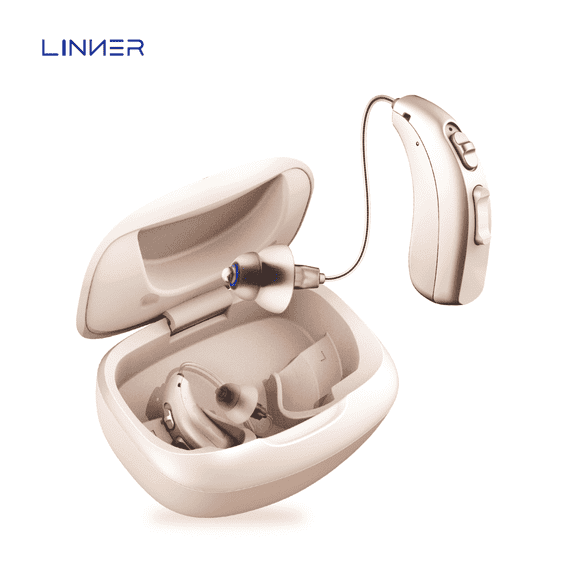 LINNER Mercury Hearing Aids Otc Rechargeable with Noise Cancellation, Bte Ric Style, 1 Pair, Beige