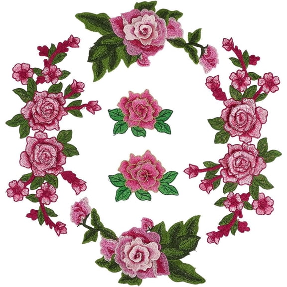 6Pcs 3 Styles Pink Green Flower Embroidered Patches Vintage Rose Sew on Patch Assorted Floral Embroidery Repair Badge Appliques Bulk for Sewing Making Dress Clothes Crafts Shirt Decor Supply