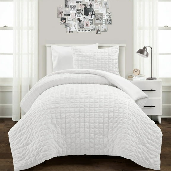 Lush Decor Microfiber Crinkle Textured Dobby Comforter White 2Pc Set Twin-Xl