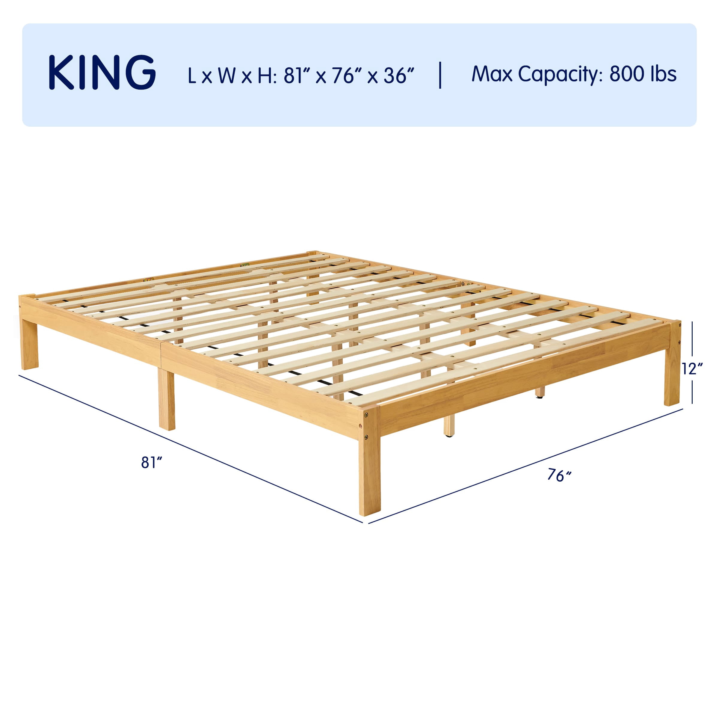 Subrtex 12" Solid Wood Platform Bed Frame with Wooden Slats, Natural Wood, King