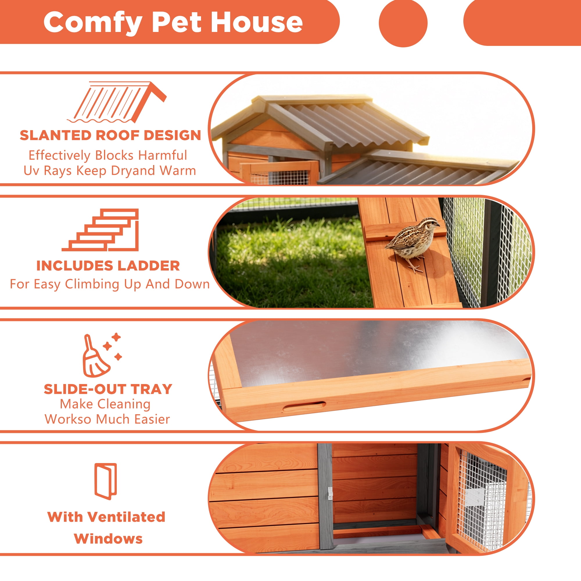 Outdoor 2 Story Quail Cage for 6 Quail with Weatherproof Brooder Box, Indoor Hutch for Guinea pig with Tray, Orange