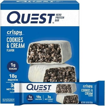 Quest Nutrition Crispy Cookies & Cream Hero Protein Bar, 18g Protein, 1g Sugar, 3g Net Carb, Gluten Free, Keto Friendly, 4 Count