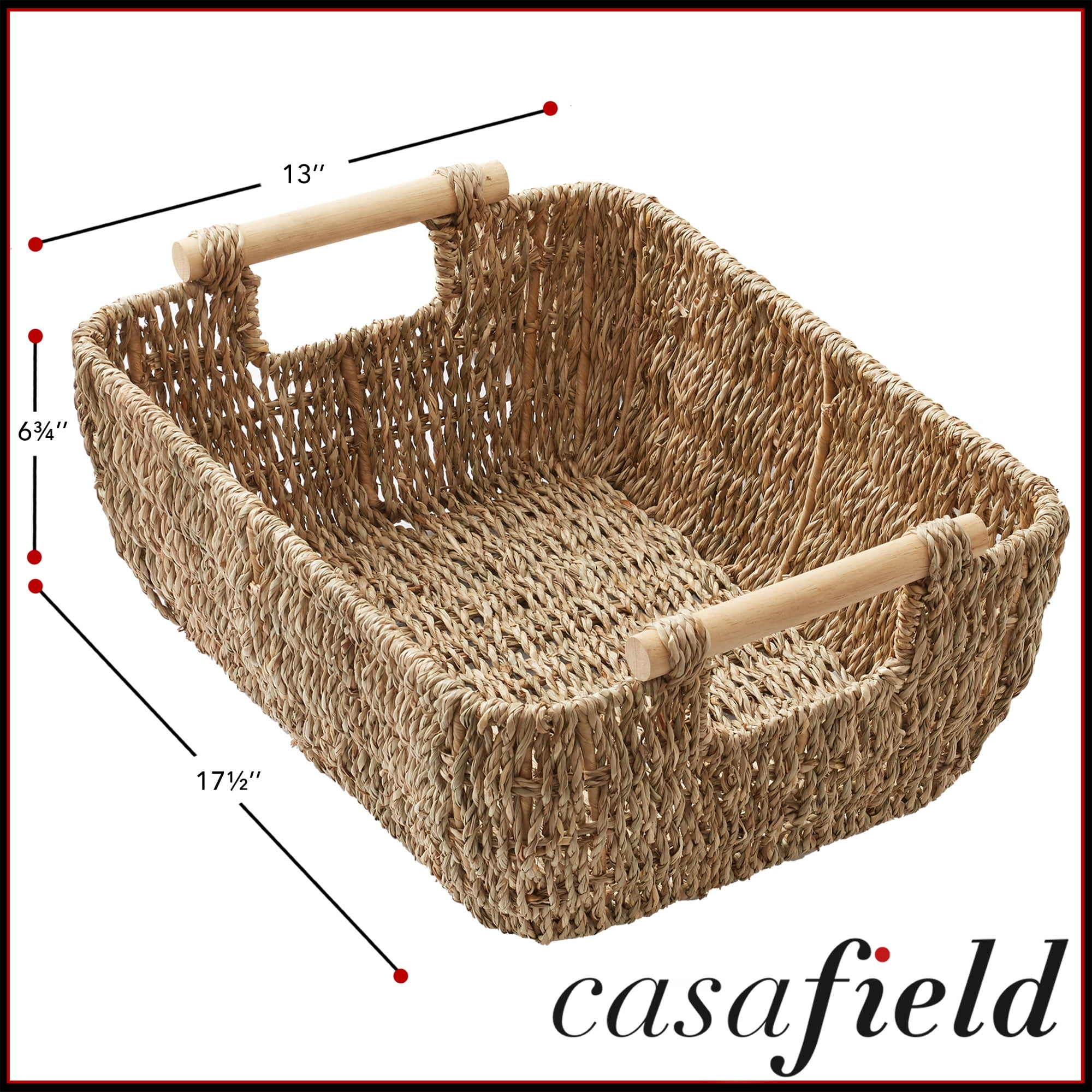Casafield (Set of 2) Seagrass Oval Storage Baskets with Wooden Handles - Large Woven Bin Organizers