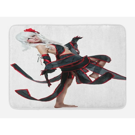 Anime Bath Mat, Posing Warrior Girl in Manga Style Japanese Culture Themed Illustration Art, Non-Slip Plush Mat Bathroom Kitchen Laundry Room Decor, 29.5 X 17.5 Inches, Red White and Black, (Best Anime Opening Themes)