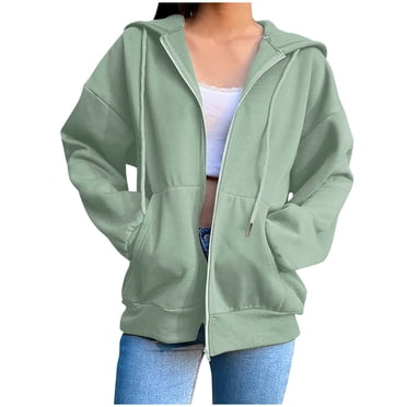 Baberdicy Womens Zip up Hoodies Street Long Sleeve Hooded Zipper Solid Color Casual Sweatshirt Women Sweatershirt Green