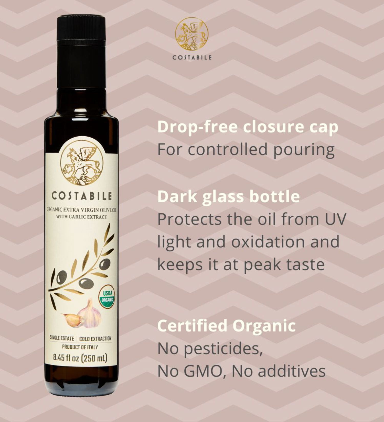 Costabile Garlic Infused Extra Virgin Olive Oil, Cold-Pressed from Italy, 16.9 fl oz