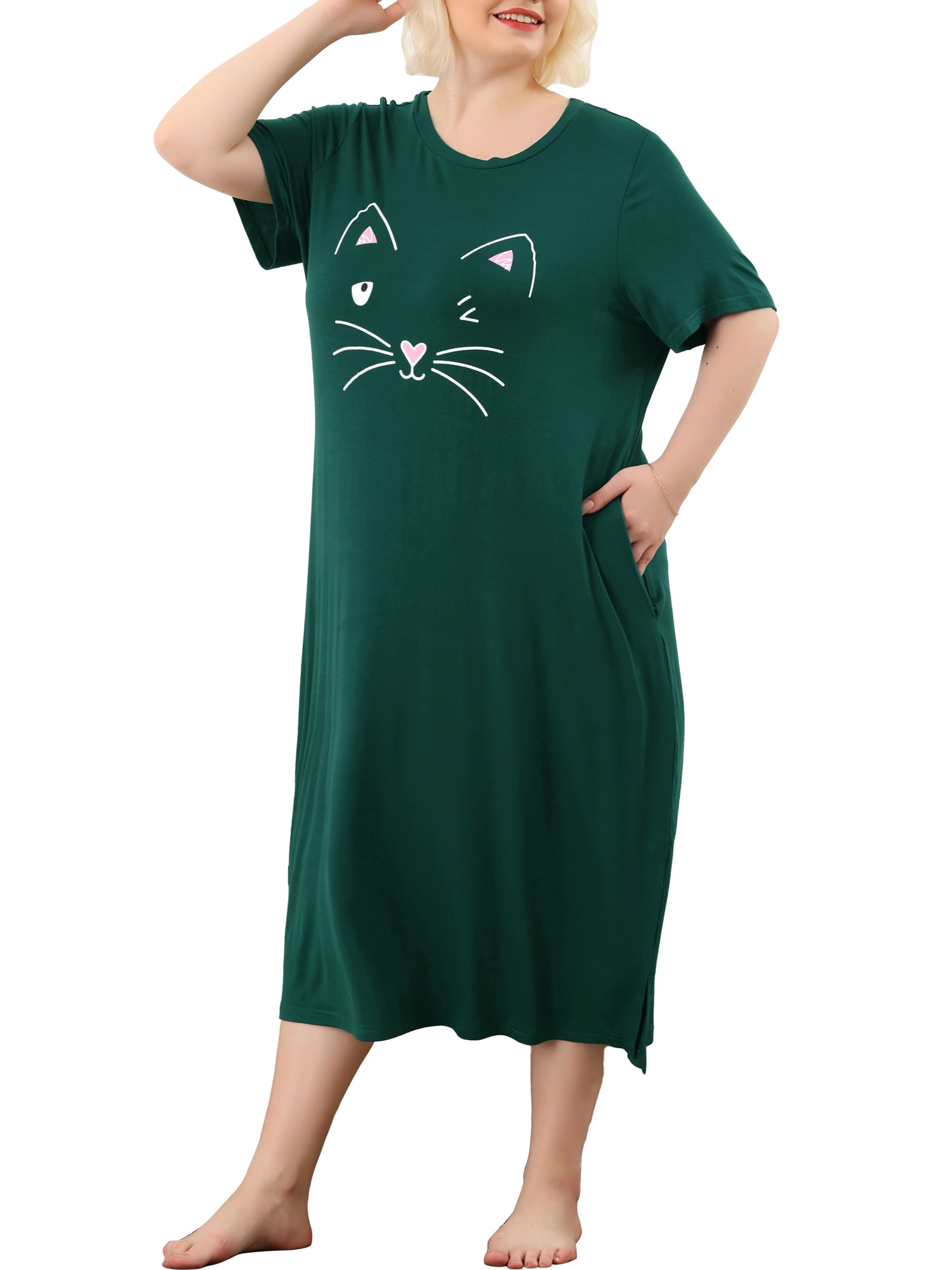 Unique Bargains Women's Plus Nightgown Short Sleeve Cat Print Nightshirt