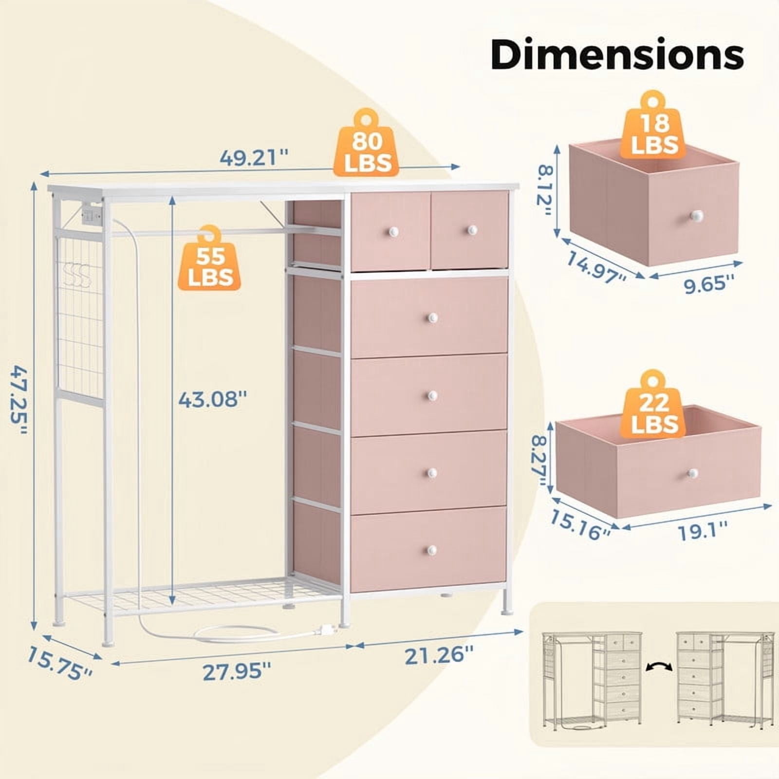 Kelno 6 Drawer Dresser with Hanging Rack LED Lights Charging Station Fabric Closet Organizer Storage Tower, Pink