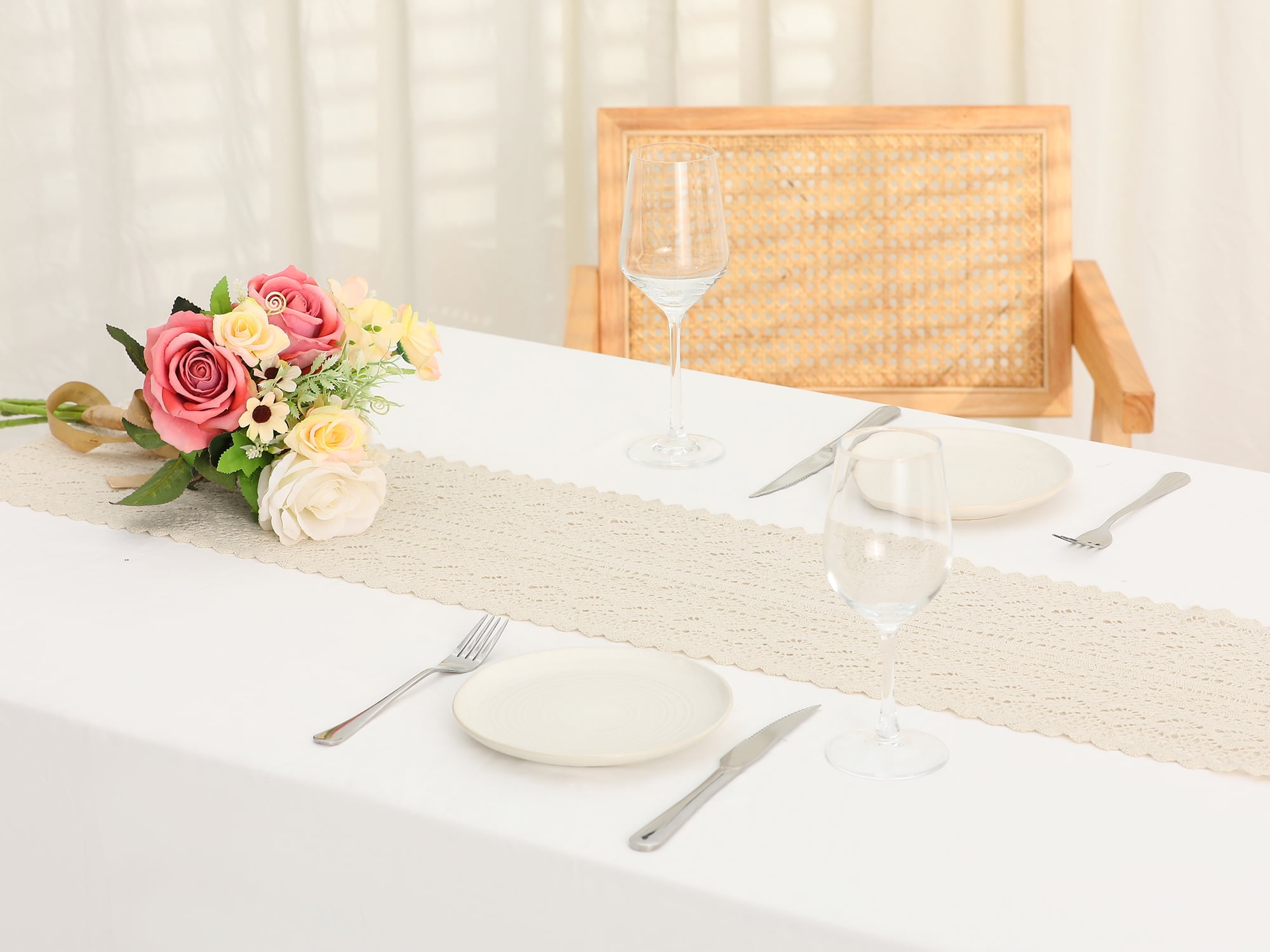 Unique Bargains Table Runners with Lace Tassel Table Flags for Casual Daily Decoration Beige 9"x71"