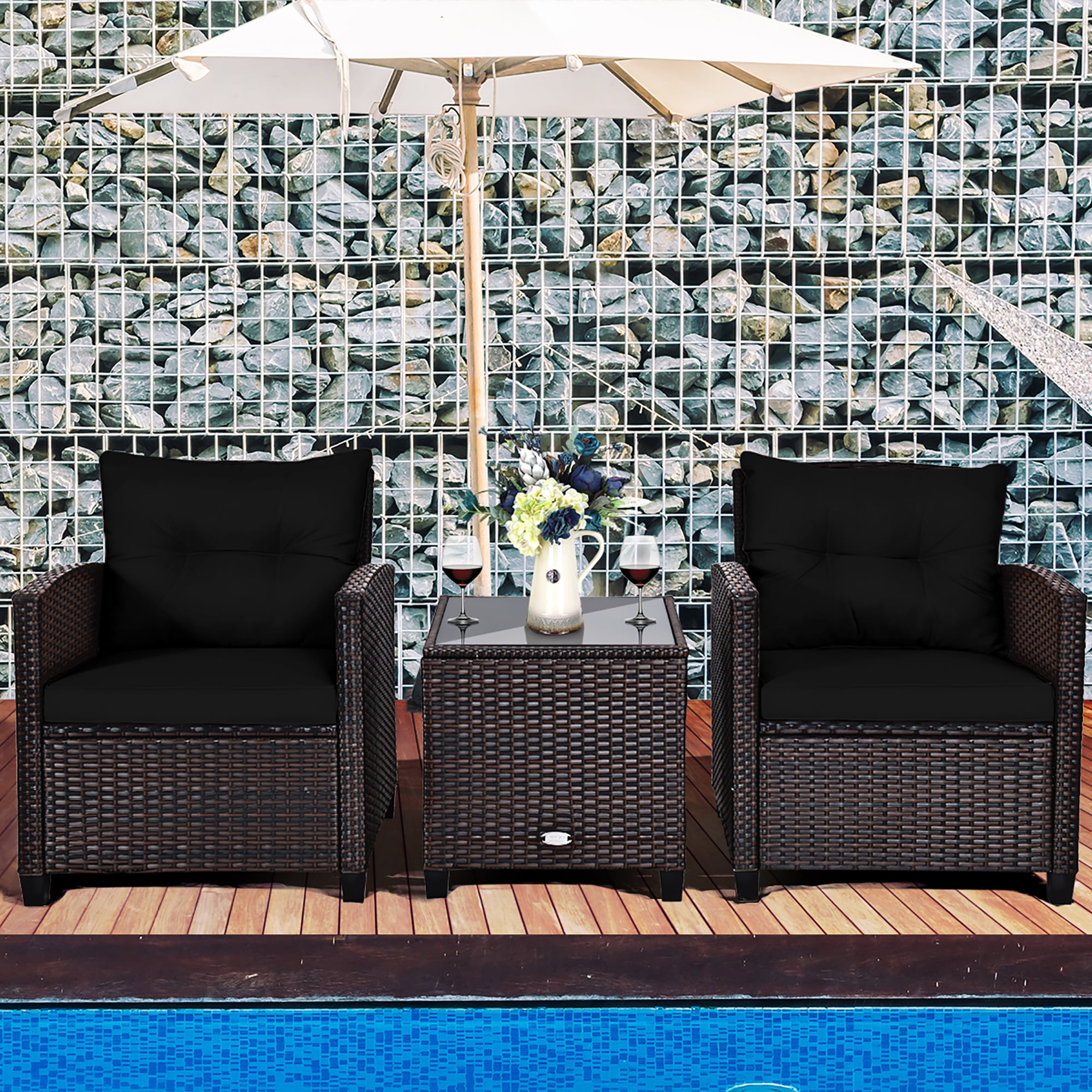 Costway 3PCS Patio Rattan Furniture Set Cushion Conversation Set Sofa Coffee Table Black
