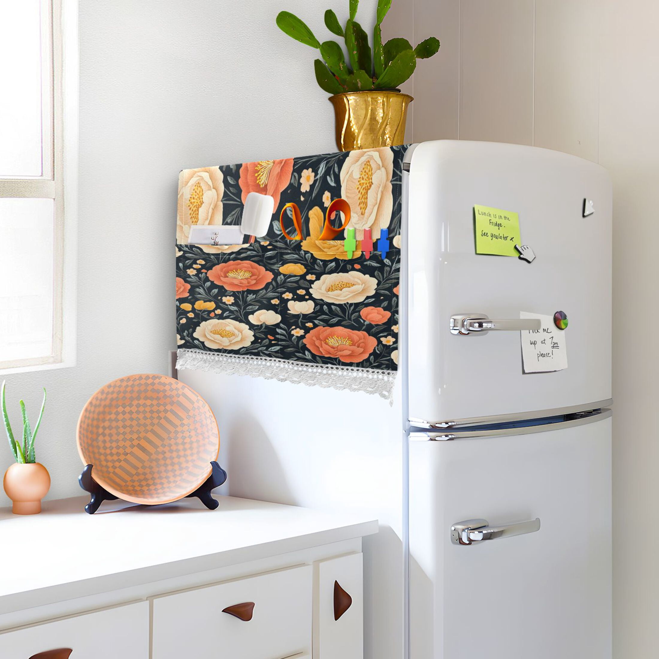 Nostalgic Peonies PatternWasher and Dryer Covers Dust-Proof and Oil Resistant Fridge Cover with 4 Storage Pockets Washing Machine Top Cover for Laundry Kitchen Home 51.2 x 22 In