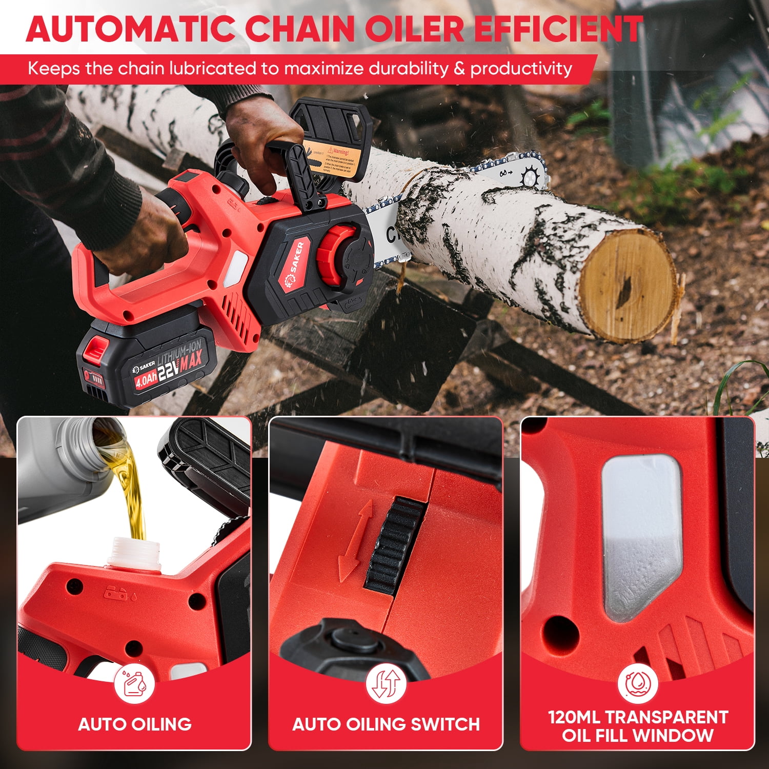 Saker 12" 22V 4.0Ah Battery Powered Chainsaw, Auto-Tension, LED Power Display