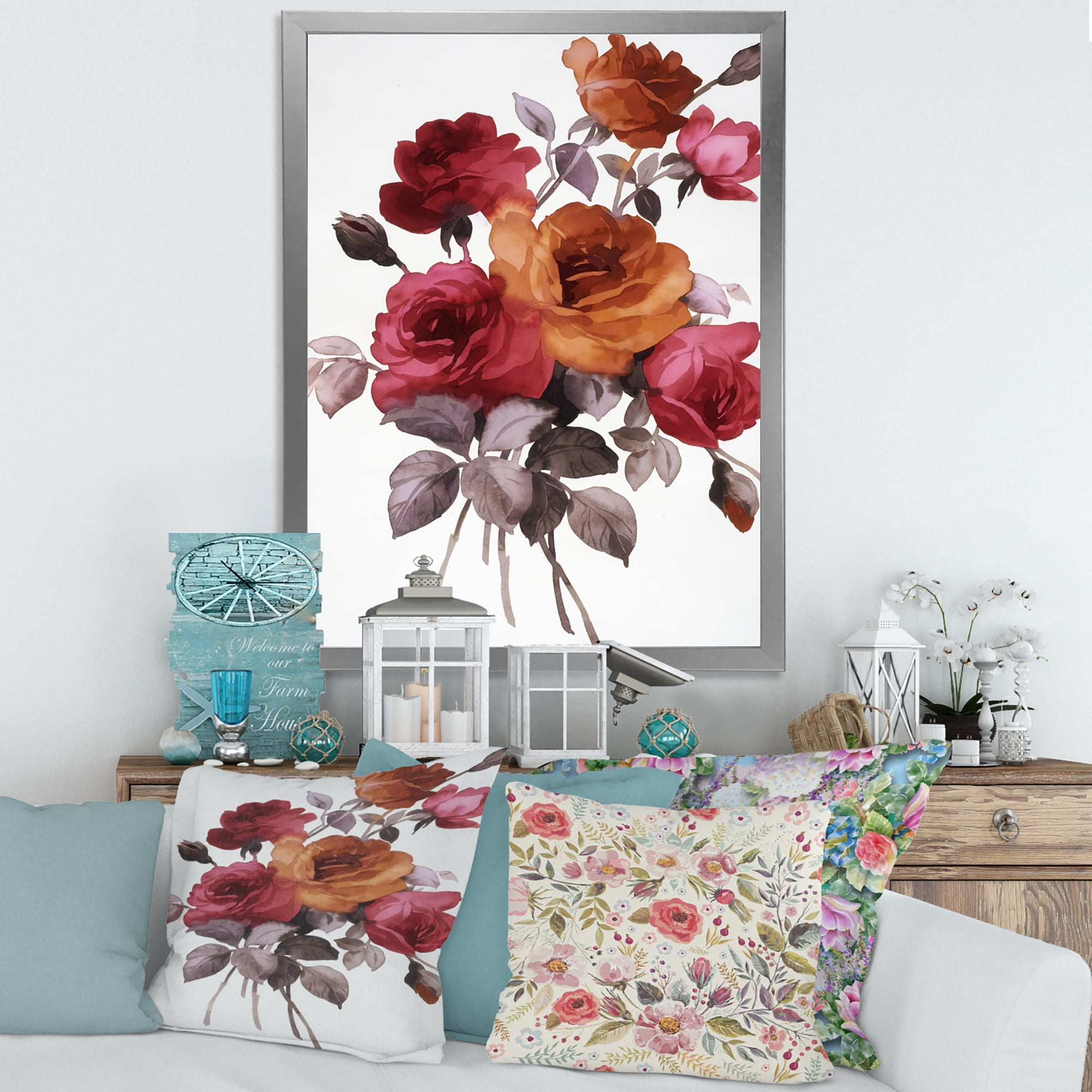 Designart 'Vintage Red and Orange Roses' Traditional Framed Art Print