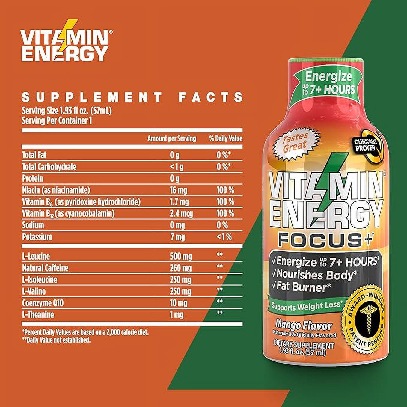 Vitamin Energy Focus+ Extra Strength Shot, Mango, 12 Pack – 260mg Natural Caffeine, CoQ10 & B-Vitamins, Zero Sugar, 1.93 fl oz