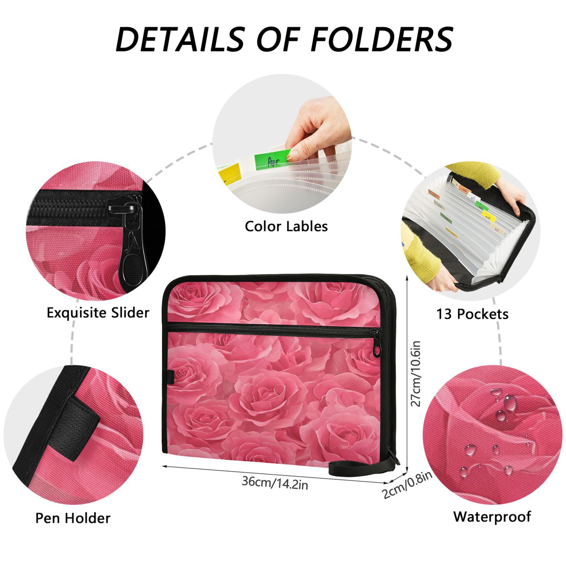 Accordion File Organizer with Zip Closure 13 Pockets Expanding File Folder Letter A4 Paper Document Organizer for Home Office Seamless Pattern with Pink Rose