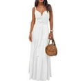 thumbnail image 5 of GENEMA Women Summer Spaghetti Strap Sexy V-Neck Button Maxi Long Dress Belted High Waist Solid Color Ruffled Flared Hem Beach Sundress, 5 of 14