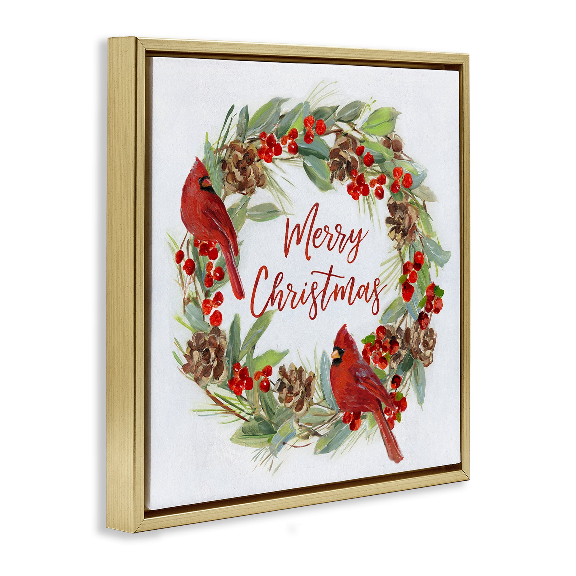 Stupell Industries Cardinals & Merry Christmas Holiday Painting Gold Floater Framed Canvas Art Prints Wall Art, 25 x 25