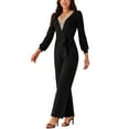 thumbnail image 4 of INSPIRE CHIC Women's Long Sleeve V Neck Jumpsuit Belted Stretchy Wide Leg Long Pant Romper with Pockets XL Black, 4 of 5