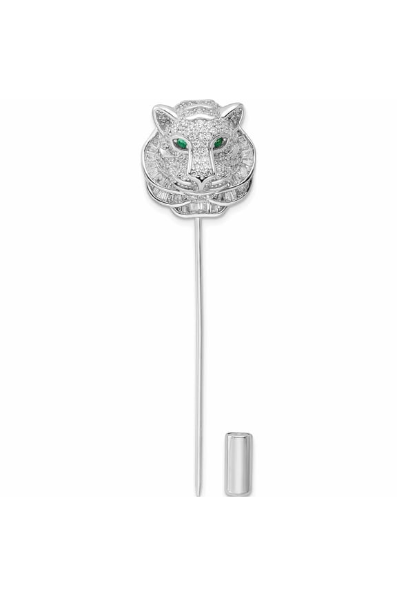 Sterling Silver Rhodium-Plated Polished Clear And Green Cz Tiger Pin (18.15 X 17.85) Made In China -Jewelry By Sweet Pea