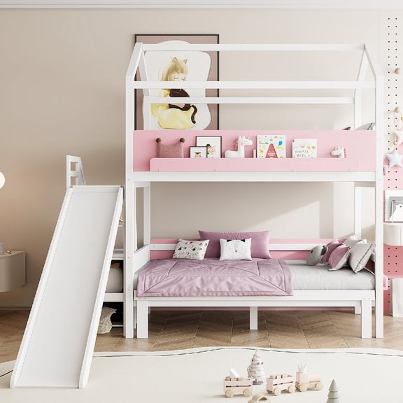 Twin Over Twin/Full Bunk Bed Frame with Slide and Storage Staircase, House-Shaped Wooden Bunk Bed Frame with Guardrails and Display Shelves for Bedroom, Mattress not included, White Pink