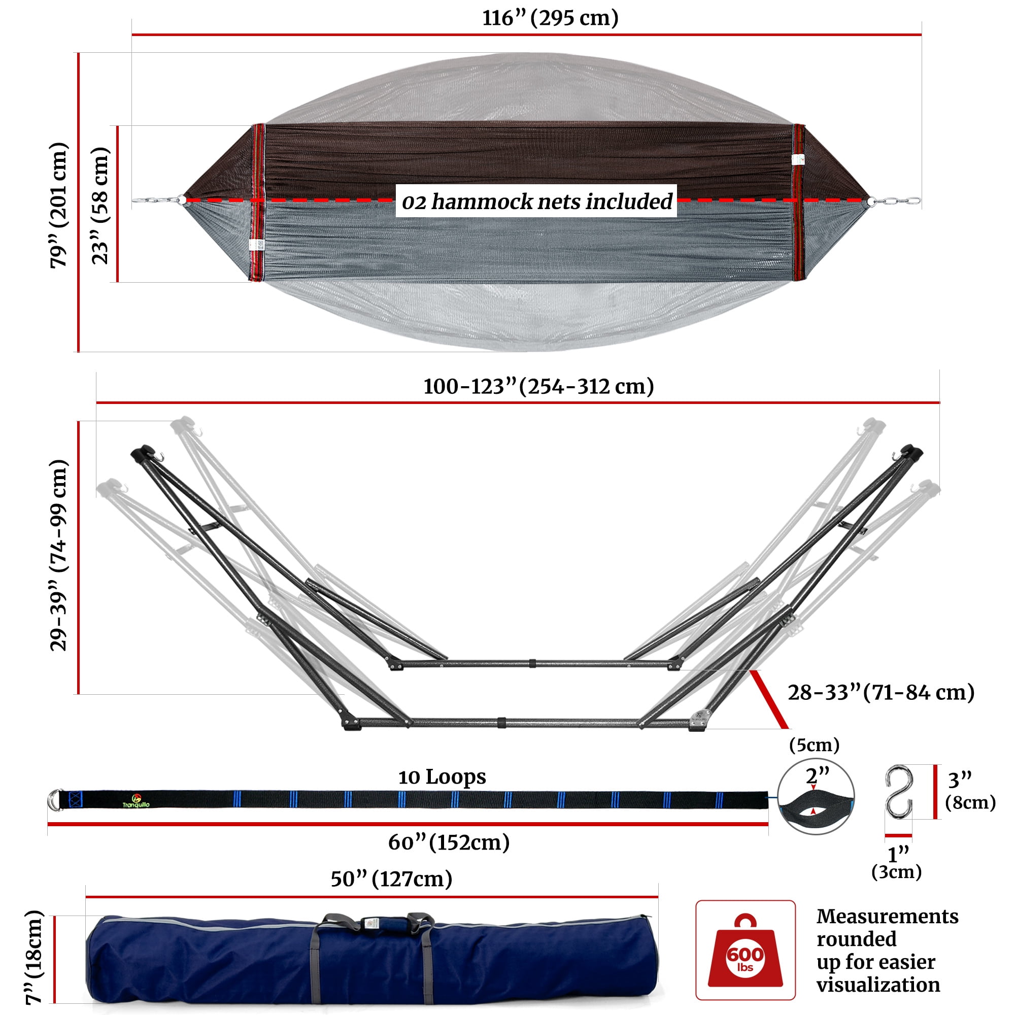 Tranquillo 600lb Capacity 2 Persons 2 Hammocks Included/Foldable Portable Hammocks with Stand, Tree Straps, Carry Bags for Garden Camping, Brown