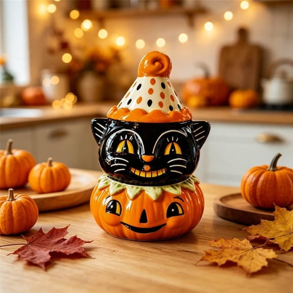 Halloween Resin Candy Jar Desktop Ornement , Vintage‑Inspired Retro Black Cat Pumpkin Hand‑Painted Decorative For Fall Tabletop Halloween Home Party Decor
