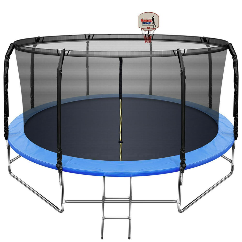 14 FT Trampoline with Basketball Hoop Safety Enclosure Net Waterproof