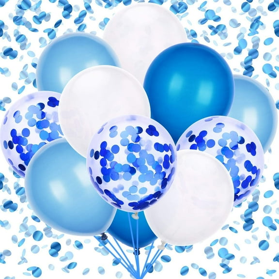 60PCS Latex Confetti Balloons White & Blue Latex Balloons 12 Inch Helium Balloons Party Supplies for Wedding Birthday Baby Shower Party Decoration with 4pcs Ribbons