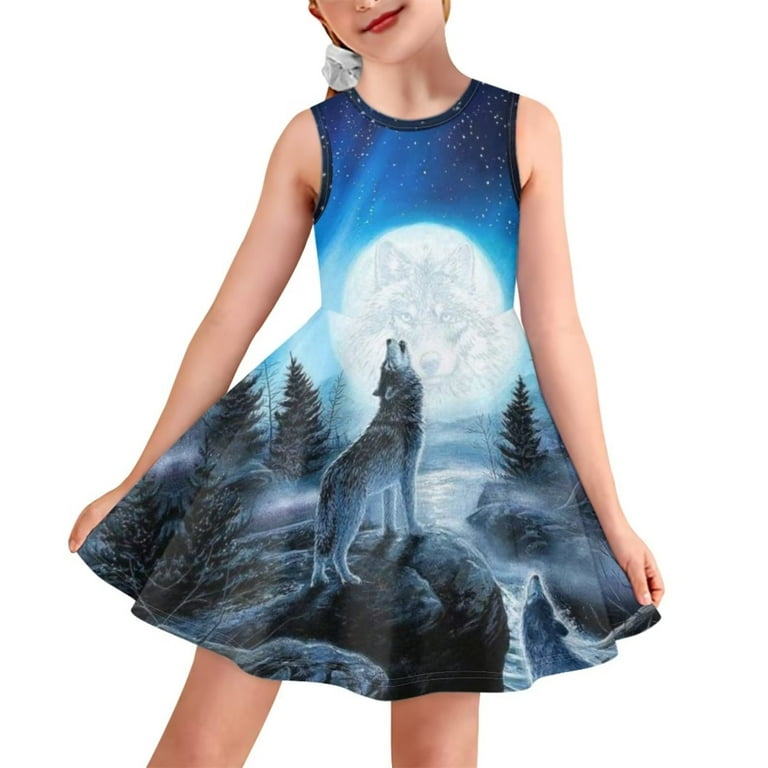 FKELYI Howling Wolf Night Kids Girls Sleeveless Dress Size 9 10