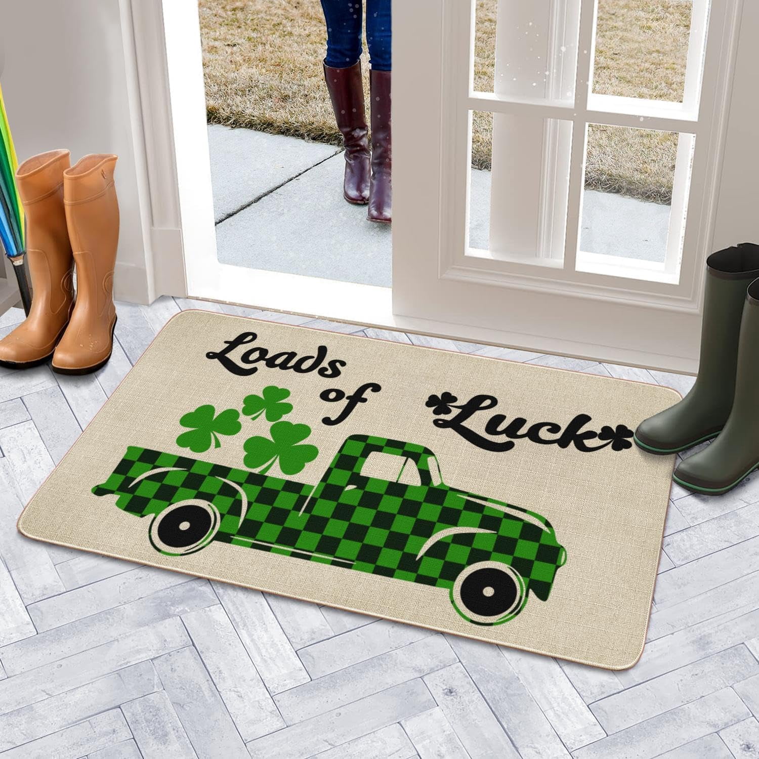 Linen Loads of Luck Door Mat St.Patrick''s Day Rug Indoor and Outdoor Front Entrance Doormat Home Decor Heavy Rubber Backing for Non Slip, 30" X 17"