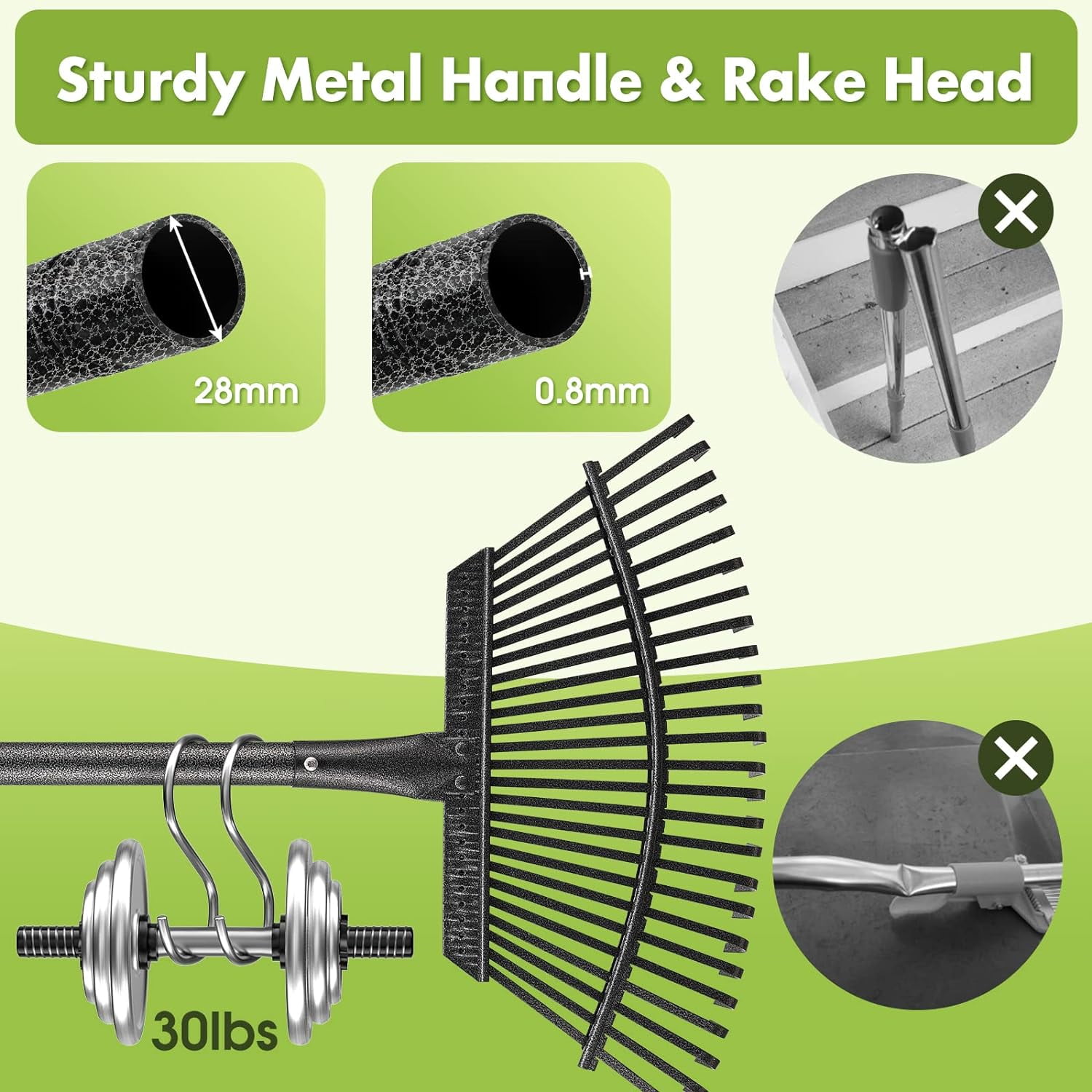 BsBsBest Rake for Leaves, Heavy Duty Garden Leaf Rake for Lawns, 65" Adjustable 25 Tines Metal Yard Rake