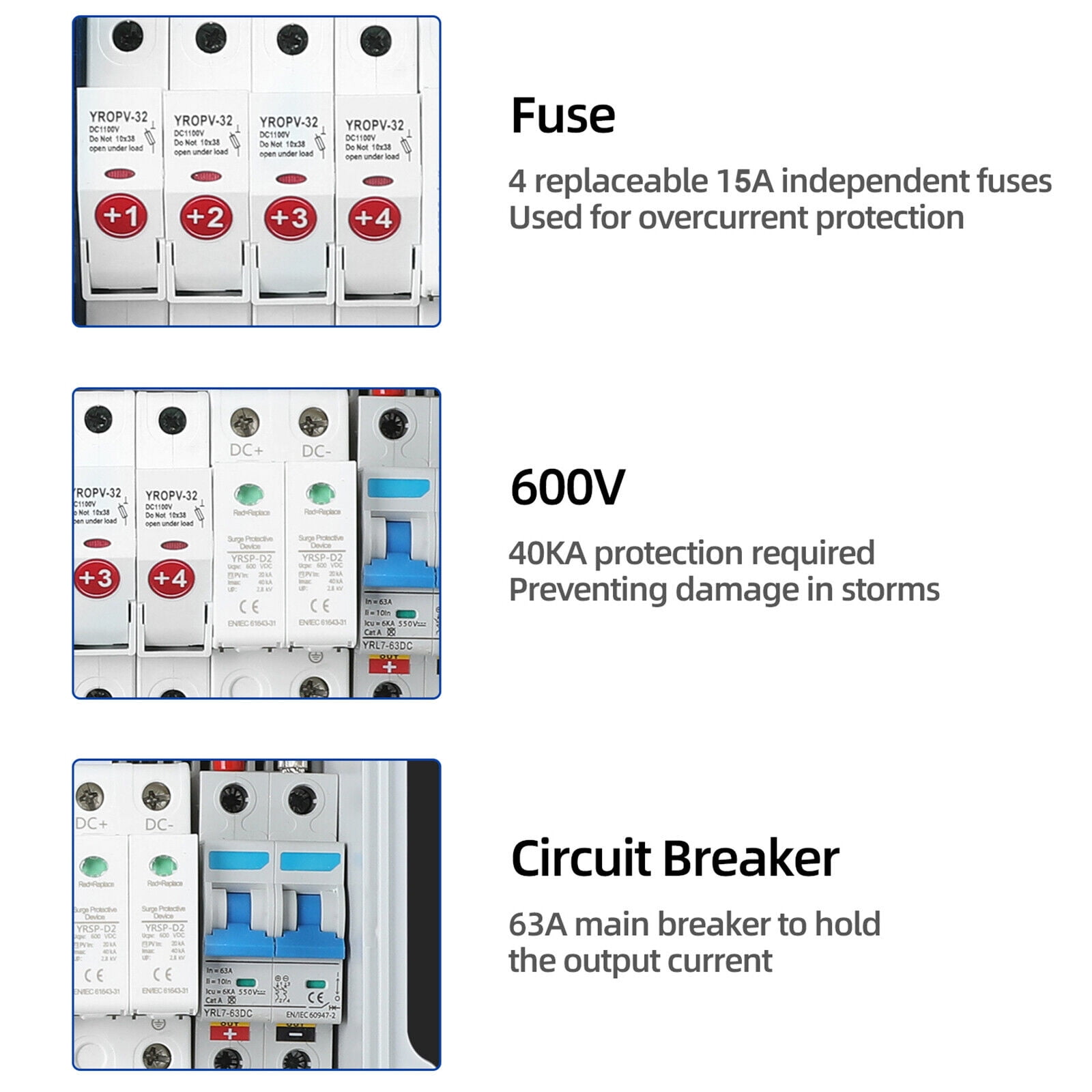 Miumaeov Solar Combiner Box PV Combiner 63A Circuit Breaker 4 String For Solar Panel Kit
