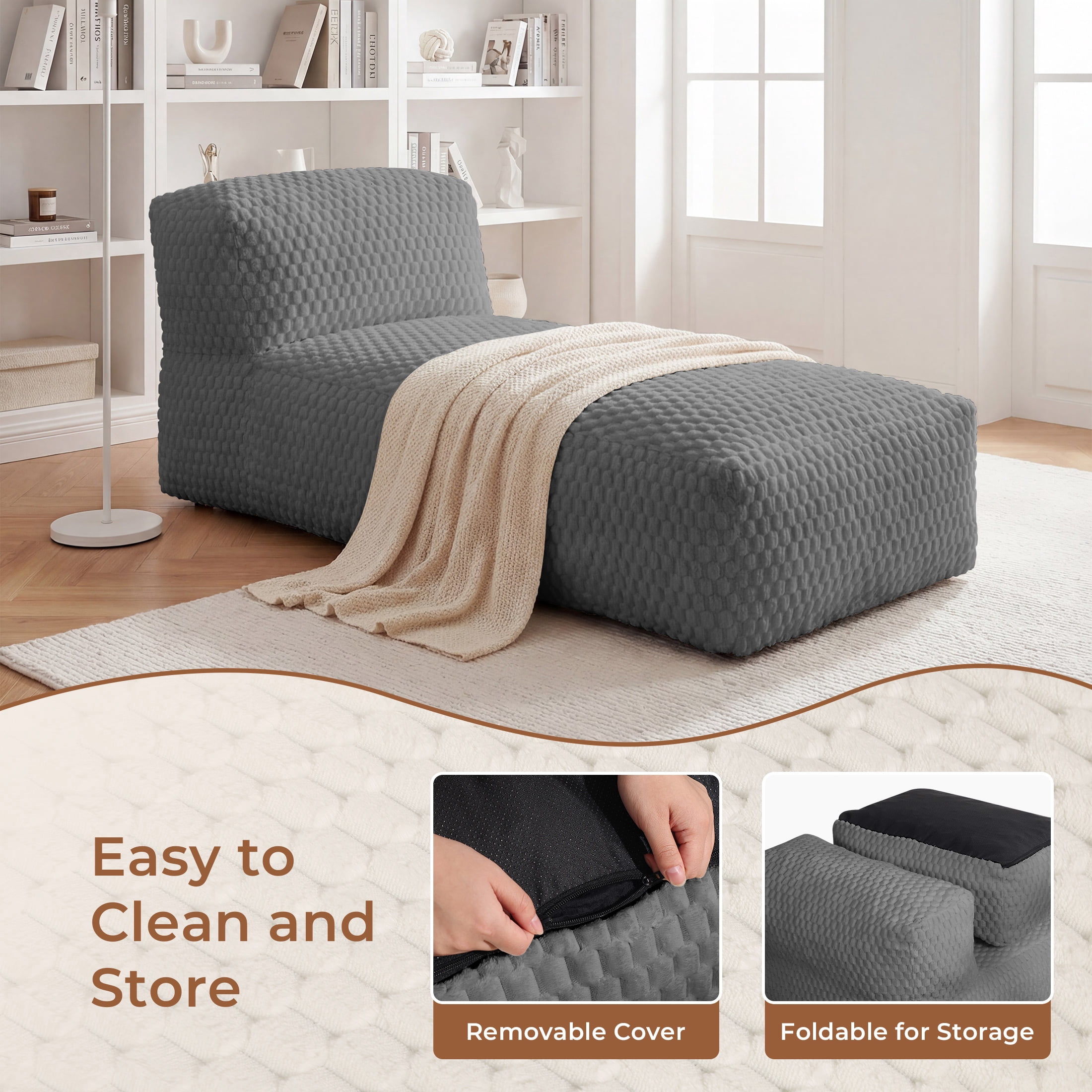 Poshby Big Bean Bag Lounger Chair for Adults, Large Flannel Plush Beanbag Sofa Chair for Living Room or Bedroom, Grey