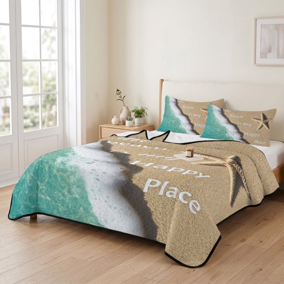 Twin XL Quilt Bedding Set, Starfish Summer Beach Sand Lightweight Coverlet Summer Comforter Set Soft Microfiber Bedspread, Sea Waves Teal Gradient 3 Piece Quilt Set with 2 Pillow Shams