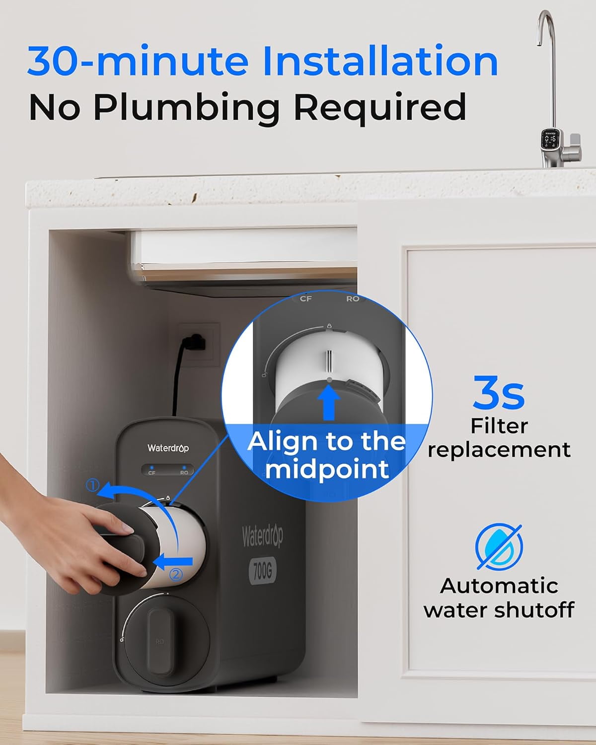 Waterdrop G5P700A Alkaline Mineral pH+ Reverse Osmosis System, 700GPD RO Water Filter, 8 Stage Filtration, NSF/ANSI 372 Certified, 2:1 Pure to Drain, Smart LED Faucet, with Extra Filter
