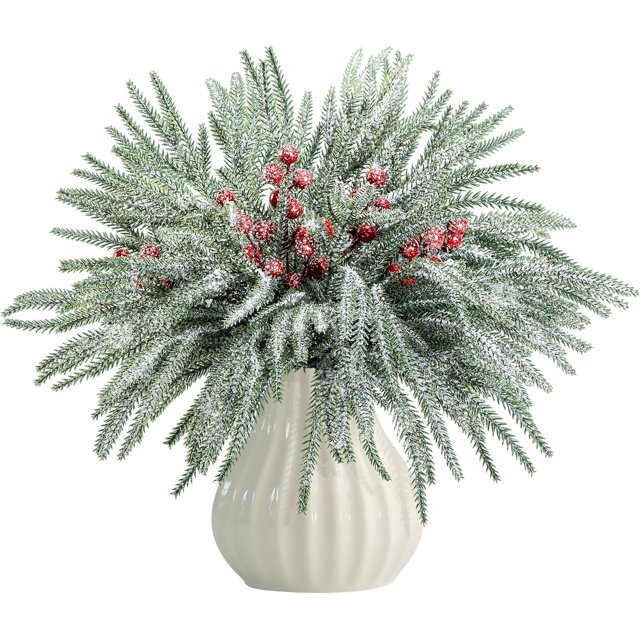 60 Pcs Branches de Pin de Noël Neige Normale avec Tiges de Baies Rouges, Branches Artificielles de Sapin de Noël Enneigées, Aiguilles de Pin, Baies Blanches Givrées Fausses Verdure Tiges de Pin Normale pour Guirlande Décoration Maison